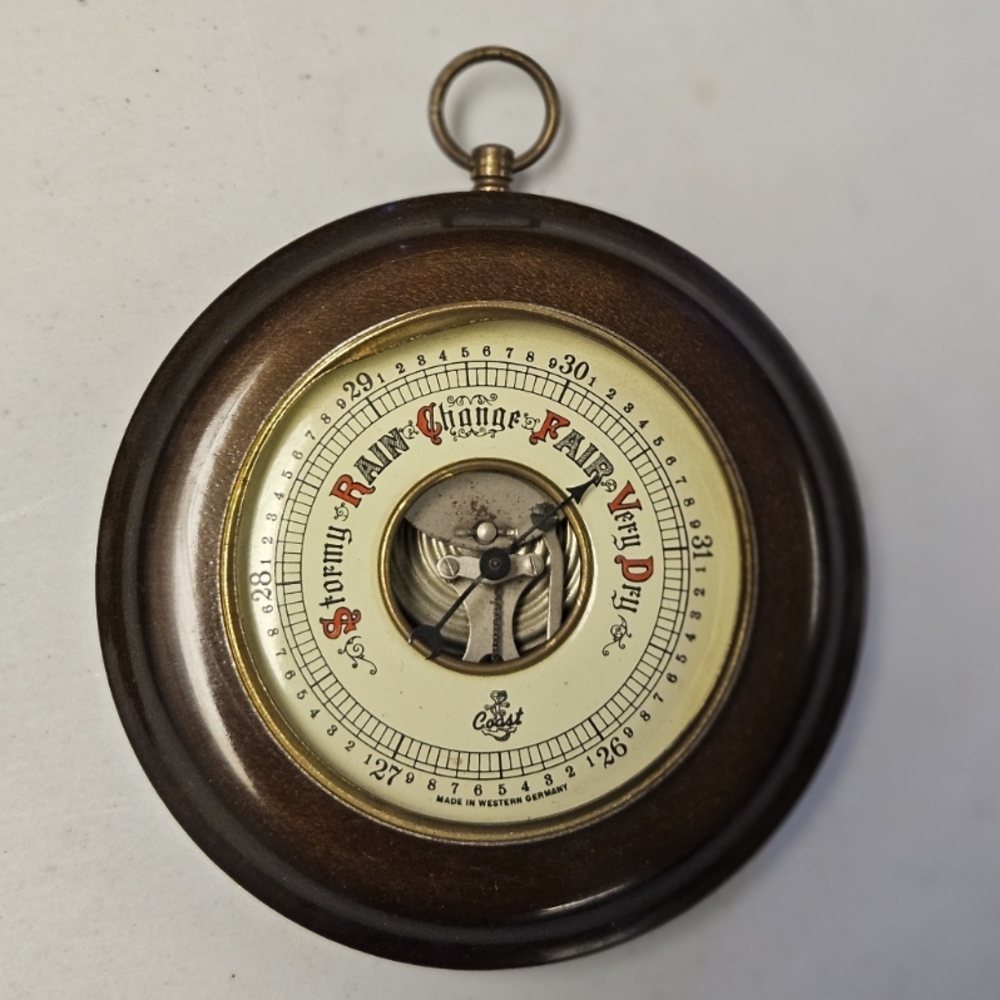 Antique Barometer Brass, Porcelain Face, German 1930's Mahogany Wood Base